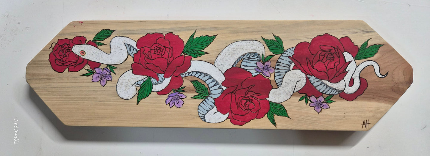 White Snake & Red Roses | One-of-a-Kind Pyrography Art
