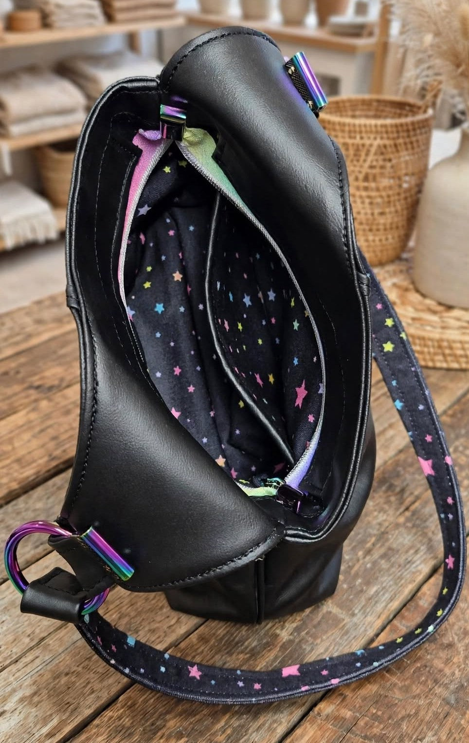 One-of-a-Kind Mini Hummingbird Hobo Bag – Black Faux Leather & Pastel Rainbow Stars