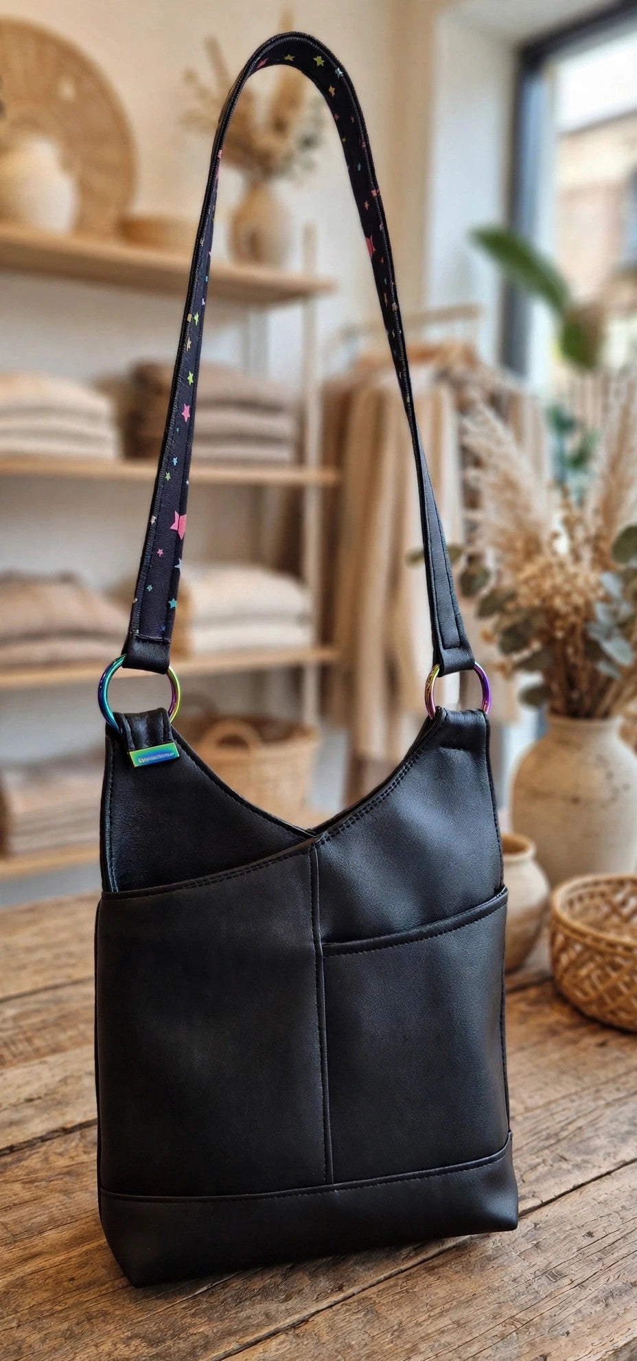 One-of-a-Kind Mini Hummingbird Hobo Bag – Black Faux Leather & Pastel Rainbow Stars